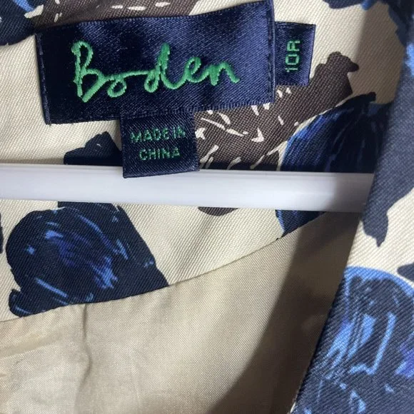 Boden Silk Linen Dress Womens 10 Reg Cap Sleeve Beige Blue Floral Shift Sheath - Picture 3 of 7